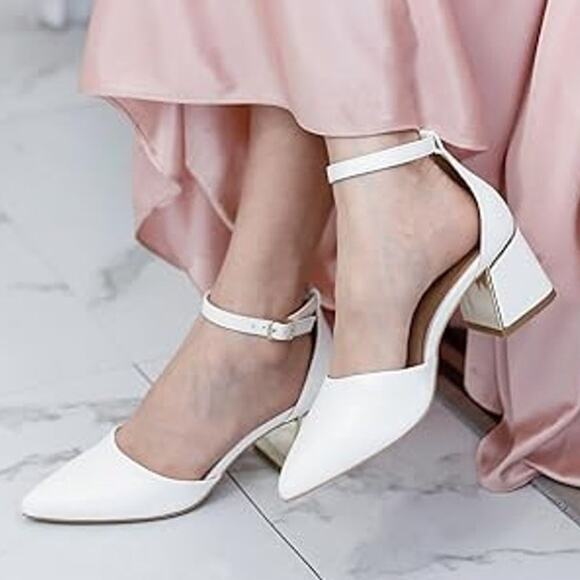 BTEX Coll Womens 7 White Closed Pointed Toe 2.25" Chunky Heel Ankle Strap Shoes - Picture 8 of 8